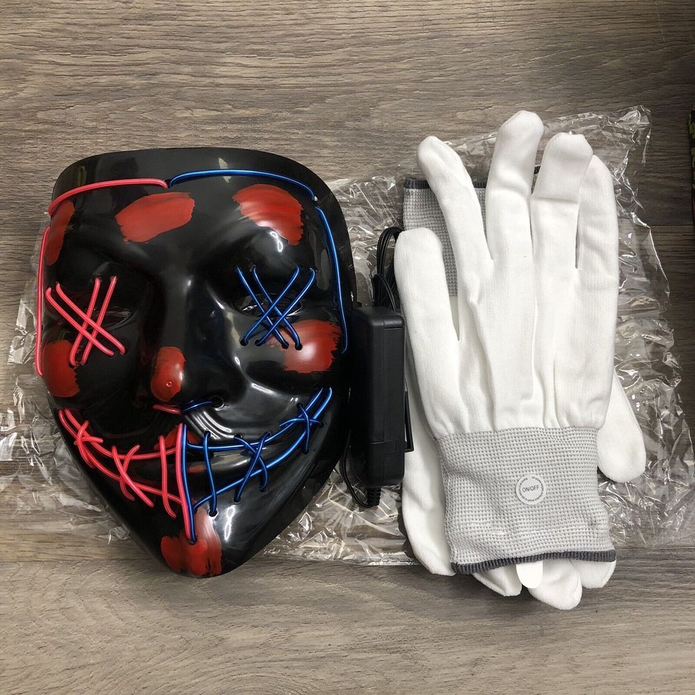 New Purge LED Light Up Mask & Skeleton Gloves Pink Blue Boy Girl Halloween